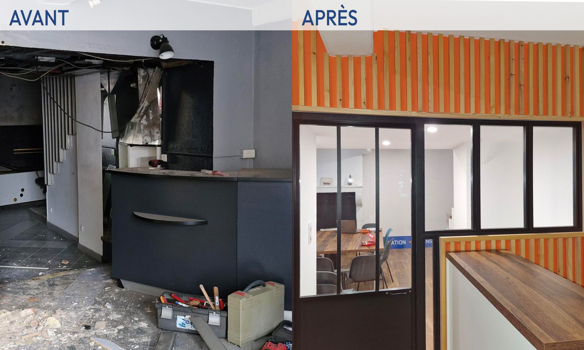 Avant après transformation d’un bureau avec création d’un espace de travail fonctionnel – CDO Travaux