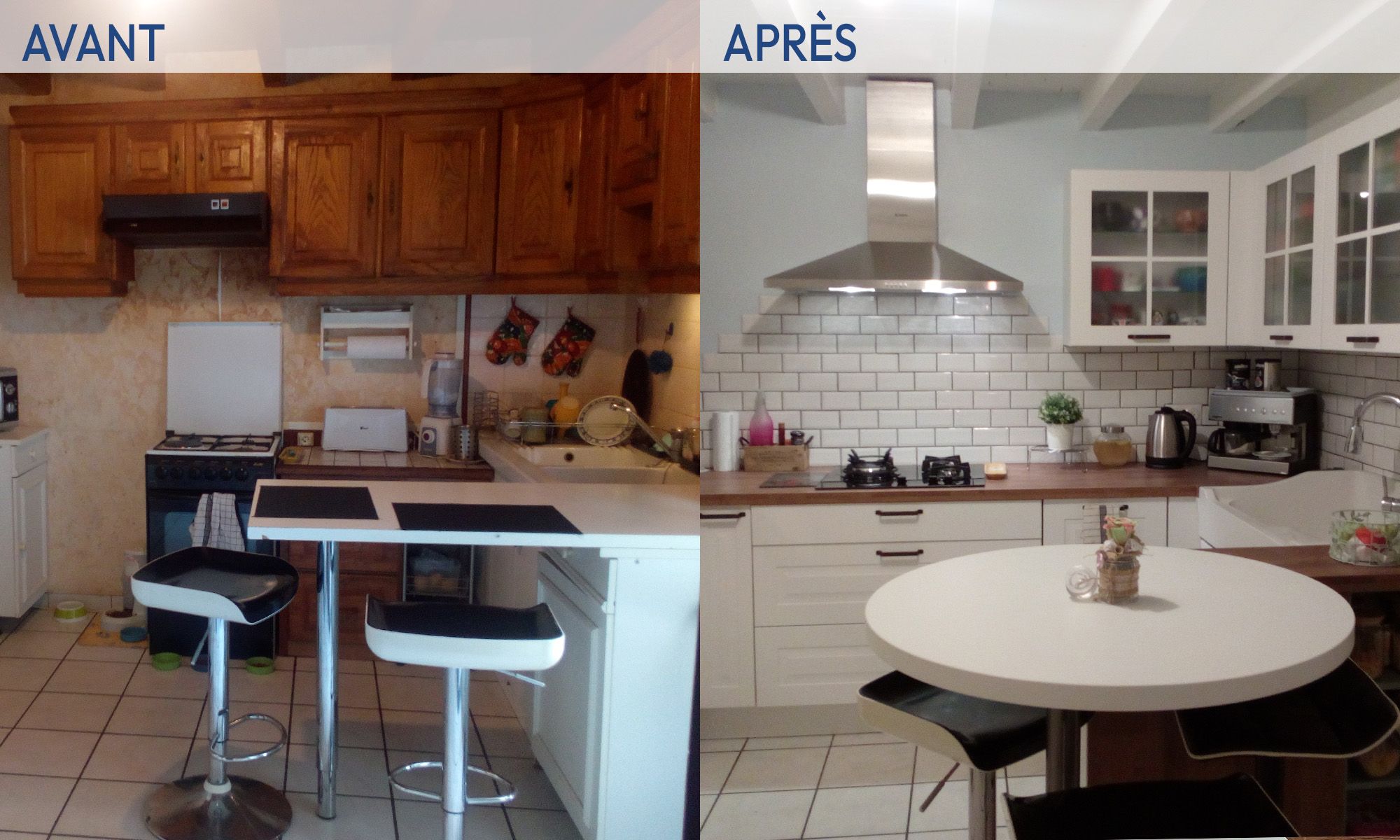 Avant après rénovation de cuisine avec mobilier moderne et plan de travail bois – CDO Travaux