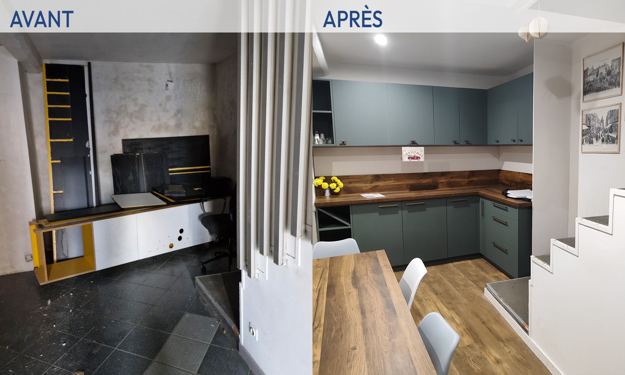 Avant après aménagement d’un espace sous escalier avec habillage bois – CDO Travaux