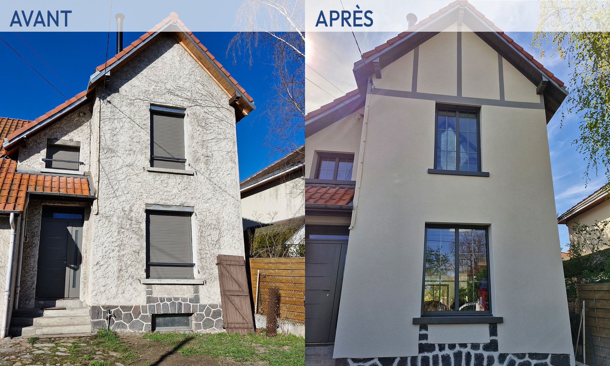 Avant après rénovation de façade de maison avec enduit et finitions extérieures – CDO Travaux
