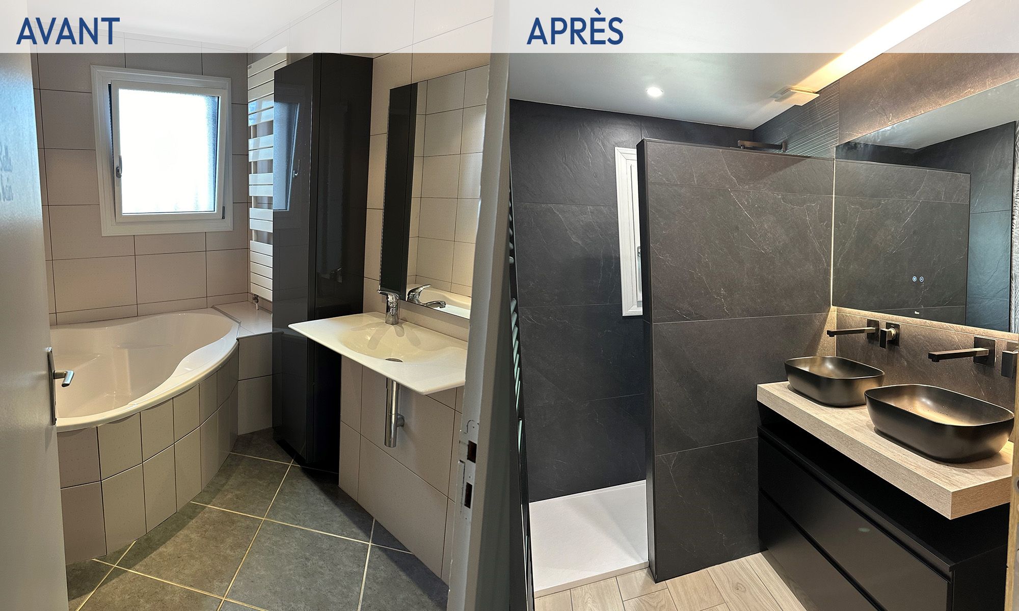 Avant après rénovation de salle de bain avec agencement moderne et finitions soignées – CDO Travaux