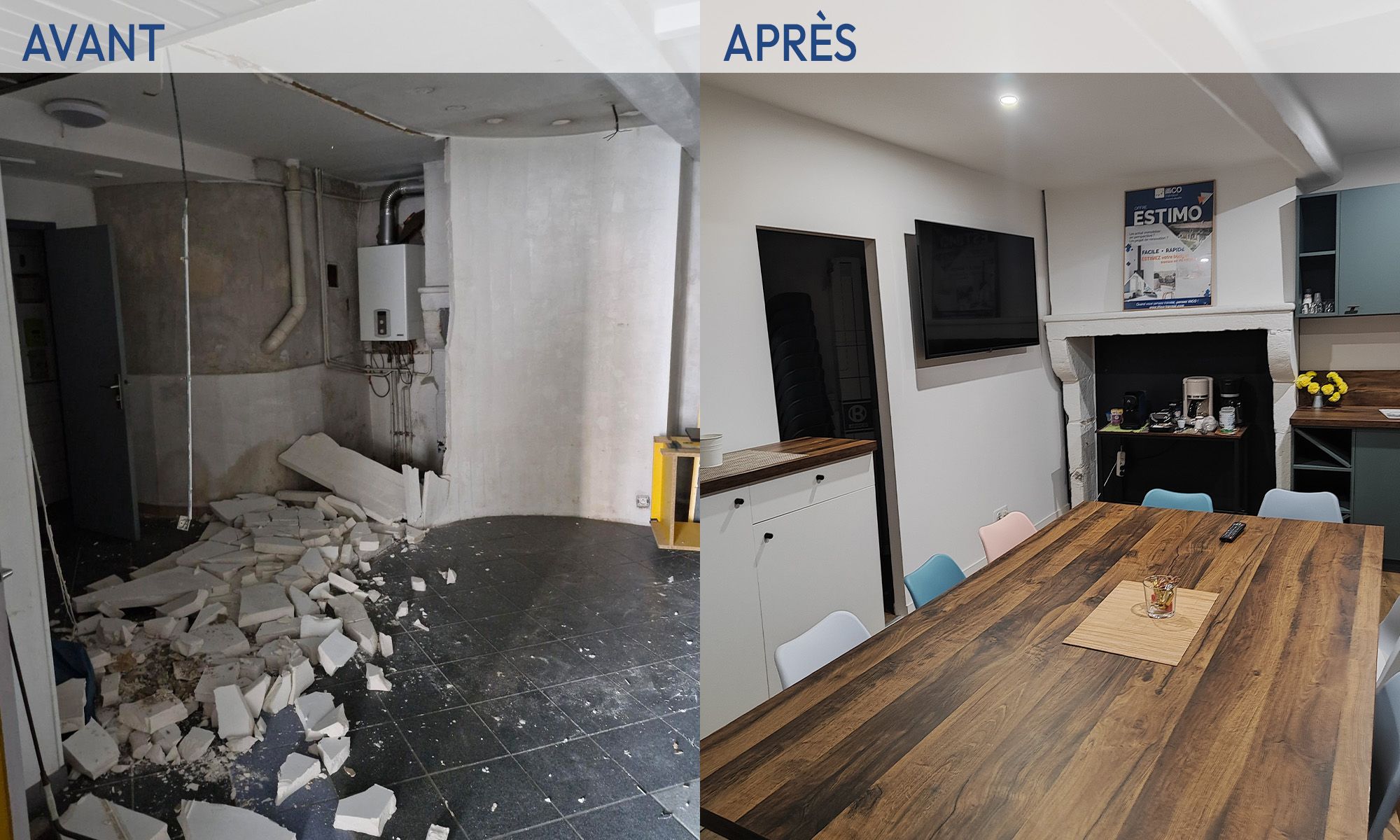 Avant après rénovation d’une salle de réunion avec reprise des volumes et finitions intérieures – CDO Travaux